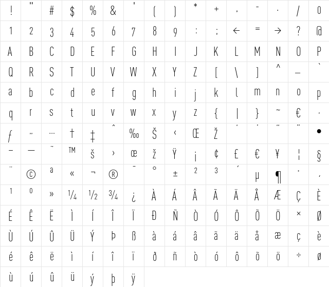 DINCond-LightAlternate Regular  glyph index