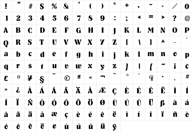 Nashvi Bold  glyph index