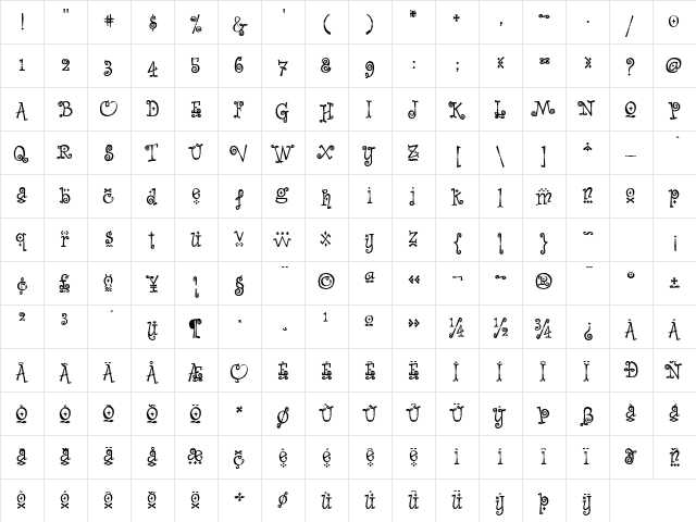 Whimsy Baroque ICG Regular  glyph index