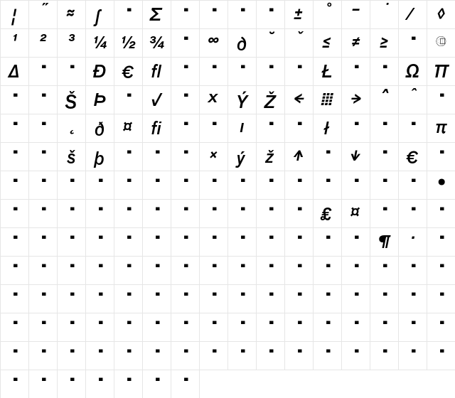 Bau-MediumItalicExp Regular  glyph index