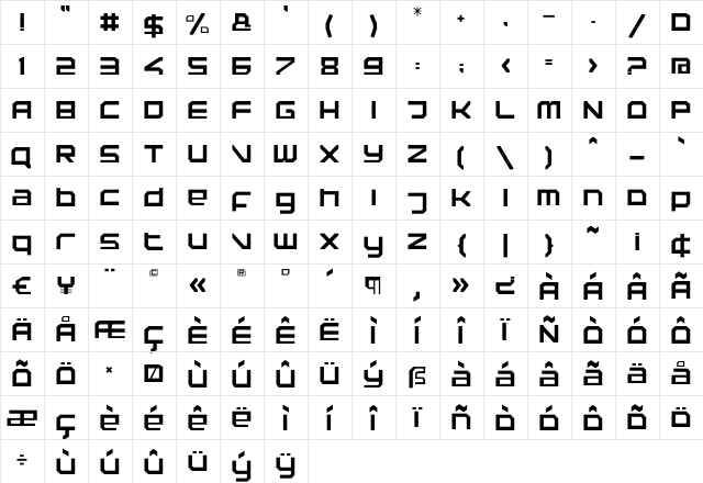 Rebirth Regular  glyph index