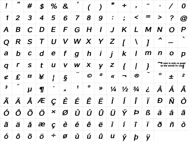 Carnova SemiBold Wide Obl Regular  glyph index