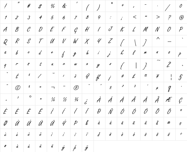 FreeStyle Regular  glyph index