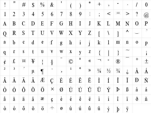 Times NR Condensed Regular  glyph index