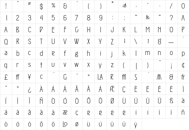 JMExpositionPlainTwo Regular  glyph index