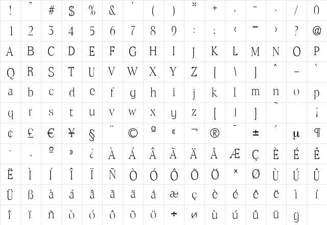ToledoSerial-Xlight Regular  glyph index
