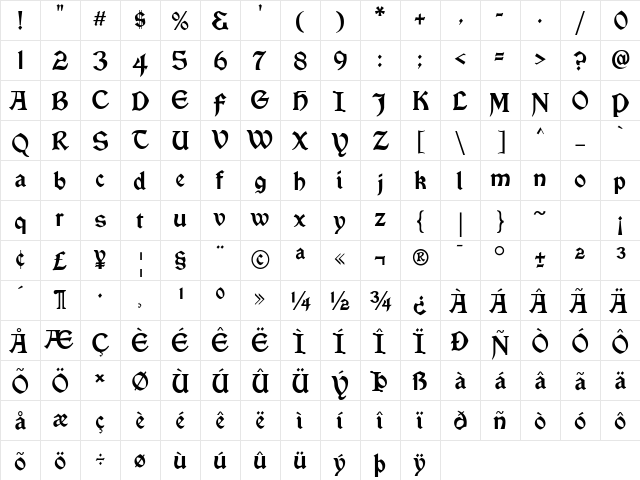 Vinque Regular  glyph index