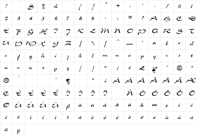 Slogan MN Regular  glyph index