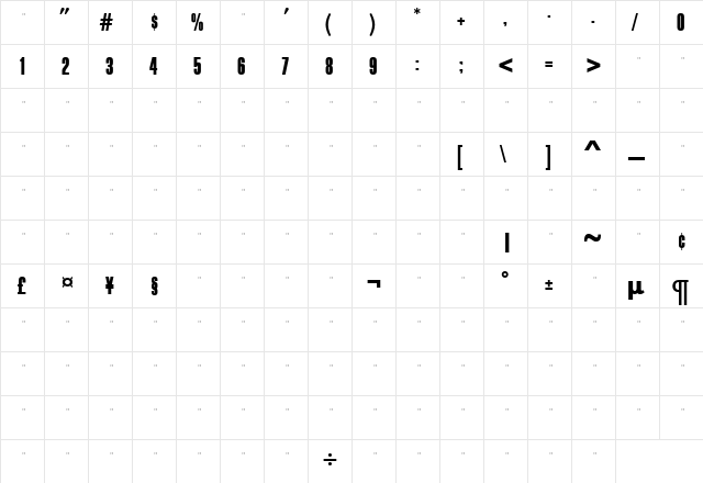 BlockGothicExtraBoldExtraCondTab Roman  glyph index