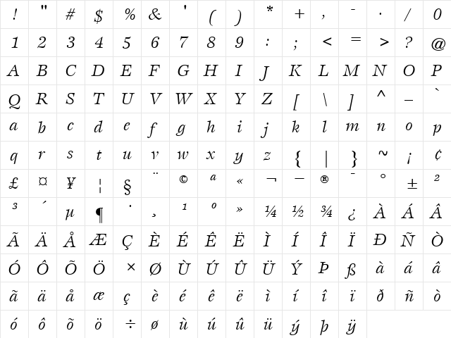 ITCEsprit-Book BookItalic  glyph index