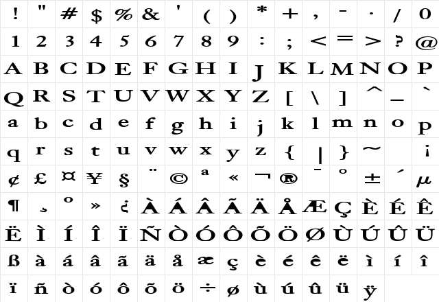 Bliss Extended Bold  glyph index