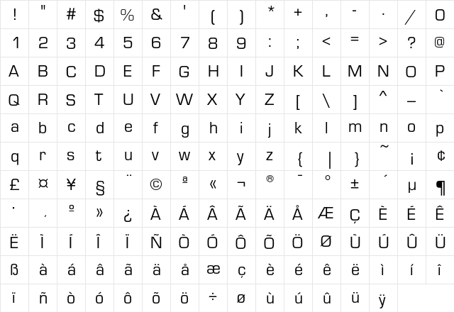 EurostileEF Regular  glyph index