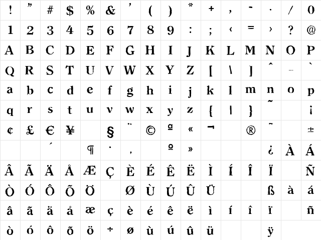 ClearfaceAntique Bold  glyph index