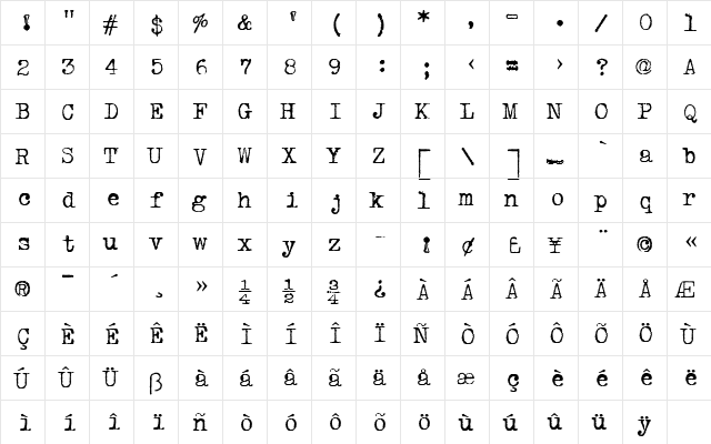 VTypewriter Regular  glyph index