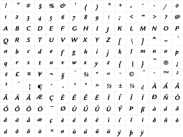 Legacy Sans ITC Bold Italic OS  glyph index