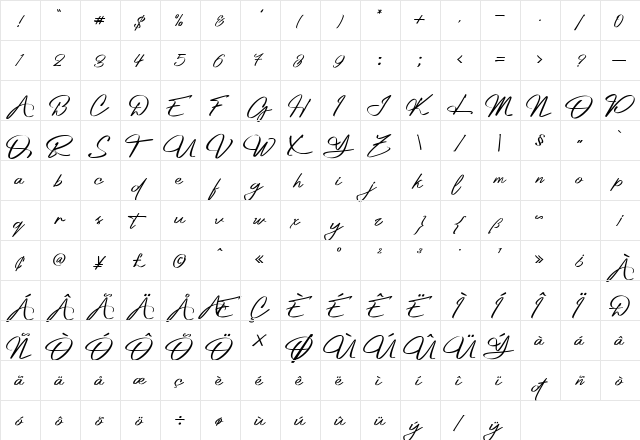 Platinum Signature Regular  glyph index