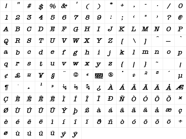 Typist Bold Italic  glyph index