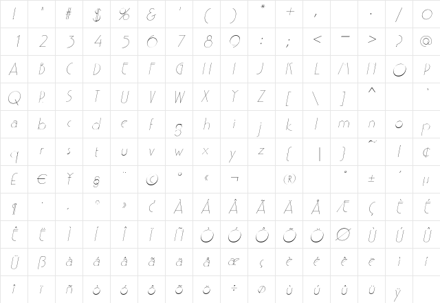 LydiaBecker Italic  glyph index