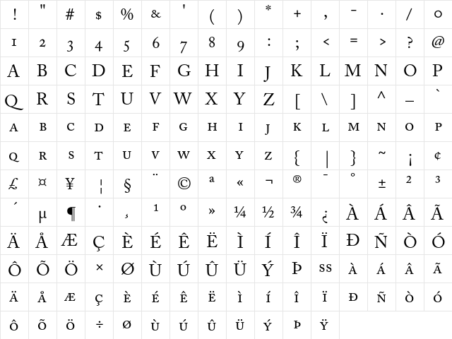 Adobe Caslon Regular Small Caps & Oldstyle Figures  glyph index