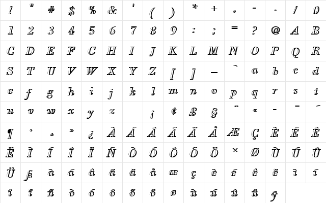 BodoniAntTRegItaRe1 Regular  glyph index