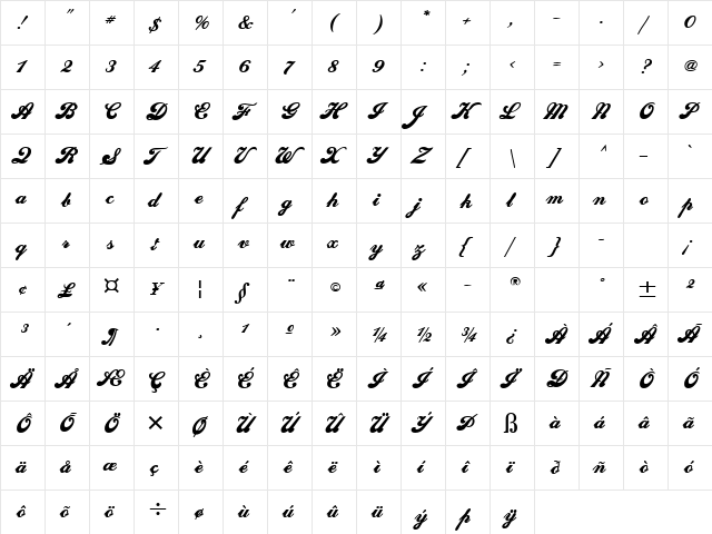 Sweden Bold  glyph index