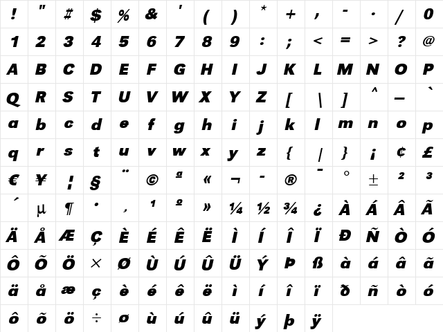 TomBecker Bold Italic  glyph index