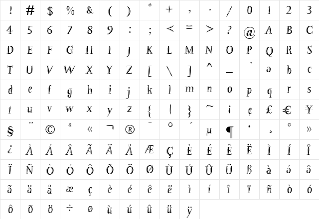 Barracuda Regular Relief Regular  glyph index