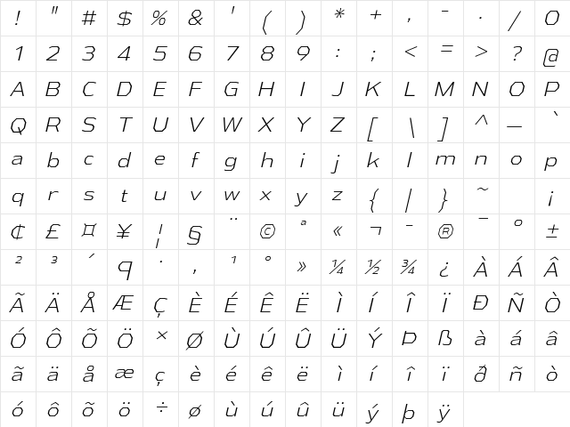 Athabasca Light Italic  glyph index