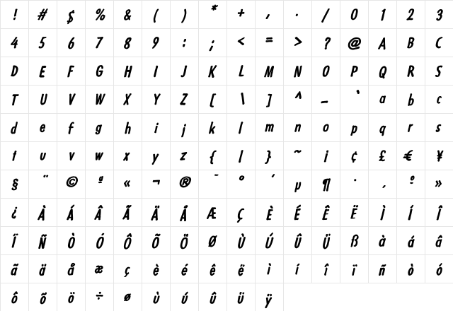 Futuramano Condensed Bold Italic  glyph index