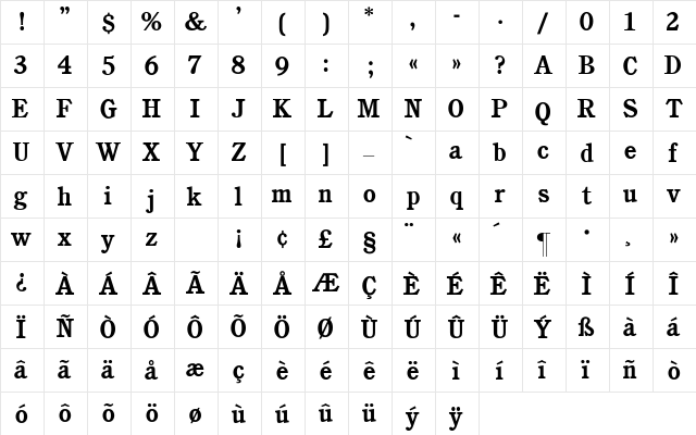 Cushing-Bold Regular  glyph index