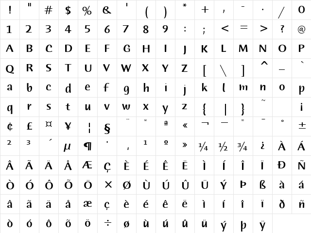 HumanaSansITC-Medium Medium  glyph index