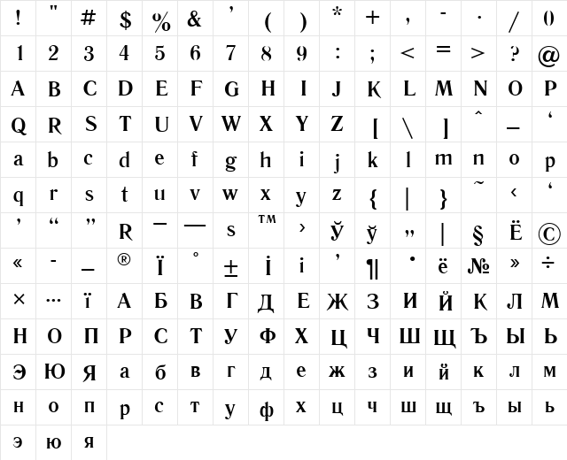 Literaturnaya Bold  glyph index