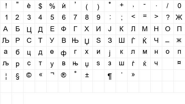 Macedonian Arial Regular  glyph index