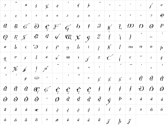 Holly Jingle Solid Condensed Italic Condensed Italic  glyph index
