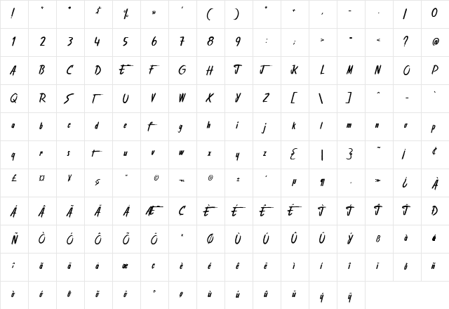 Stranger back in the Night Regular  glyph index