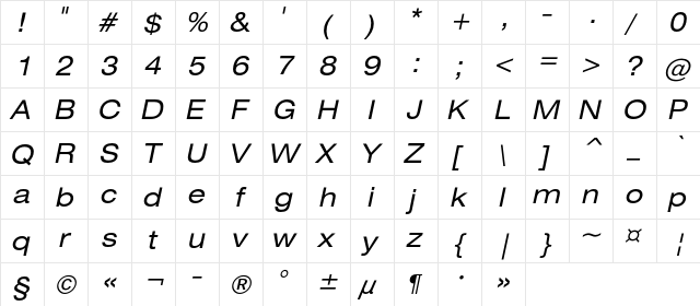 HeliosExt Italic  glyph index
