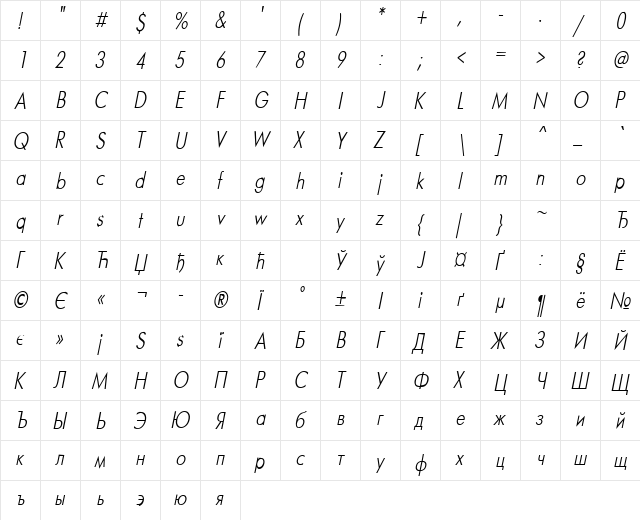 Futura Narrow Italic  glyph index