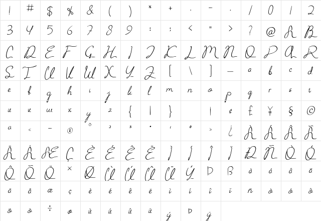 Aliya jayner Regular  glyph index
