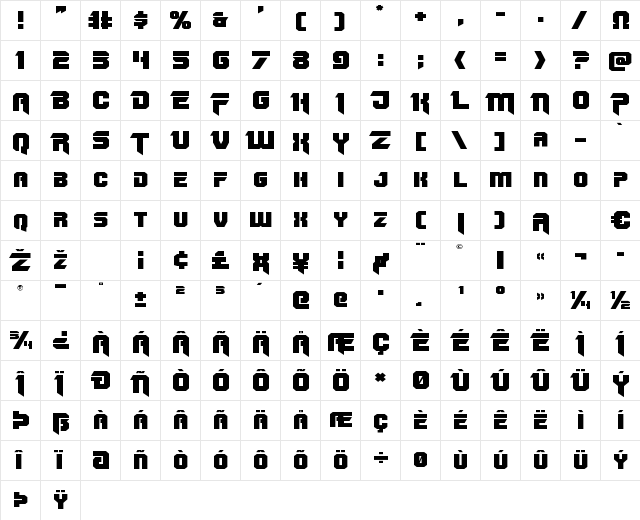 OmegaForce Expanded Expanded  glyph index