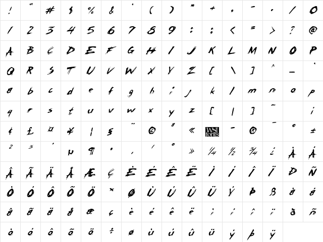 Rasp Italic  glyph index