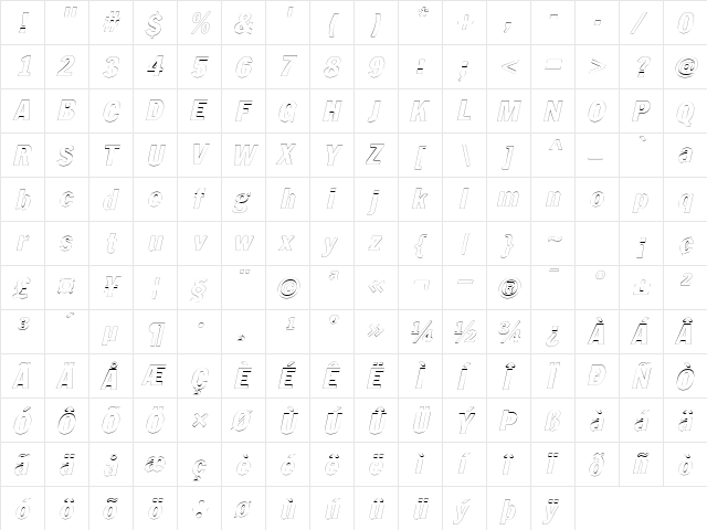 LibraryGothicHeavyOutline Italic  glyph index