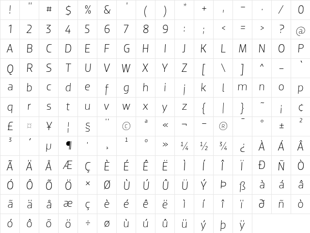 Dobra Light Italic  glyph index