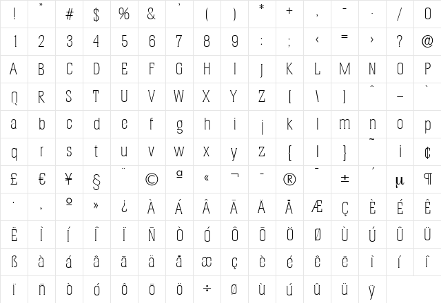 JeremyBecker-ExtraLight Regular  glyph index