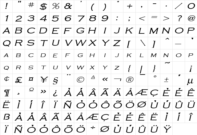 Cobalt Wide Italic  glyph index