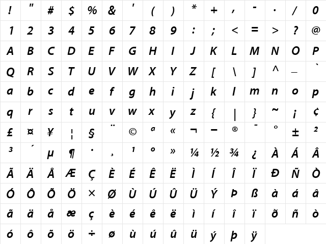 AdobeCorporateIDMyriad-SemiBold Semi BoldItalic  glyph index