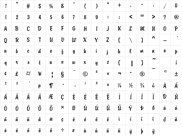 Brody37 Becker Regular  glyph index