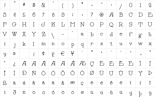 PayzantPen Regular  glyph index