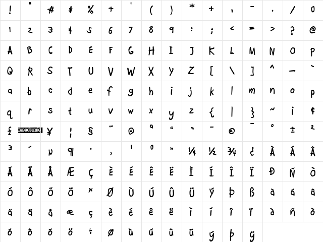 Boopee Bold  glyph index