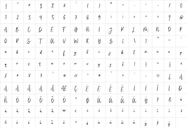 Vivy Aquilla Regular  glyph index