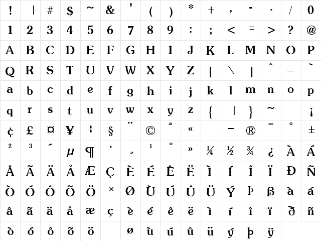 GE Sultan Bold  glyph index